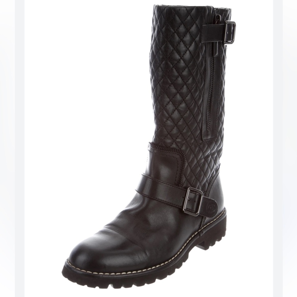 CHANEL Calfskin Quilted Biker Riding Boots 38.5 Brown